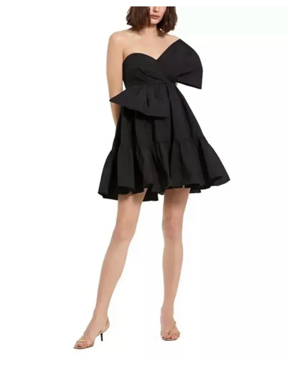 Mac Duggal Black One-Shoulder Bow Tiered Mini Dress